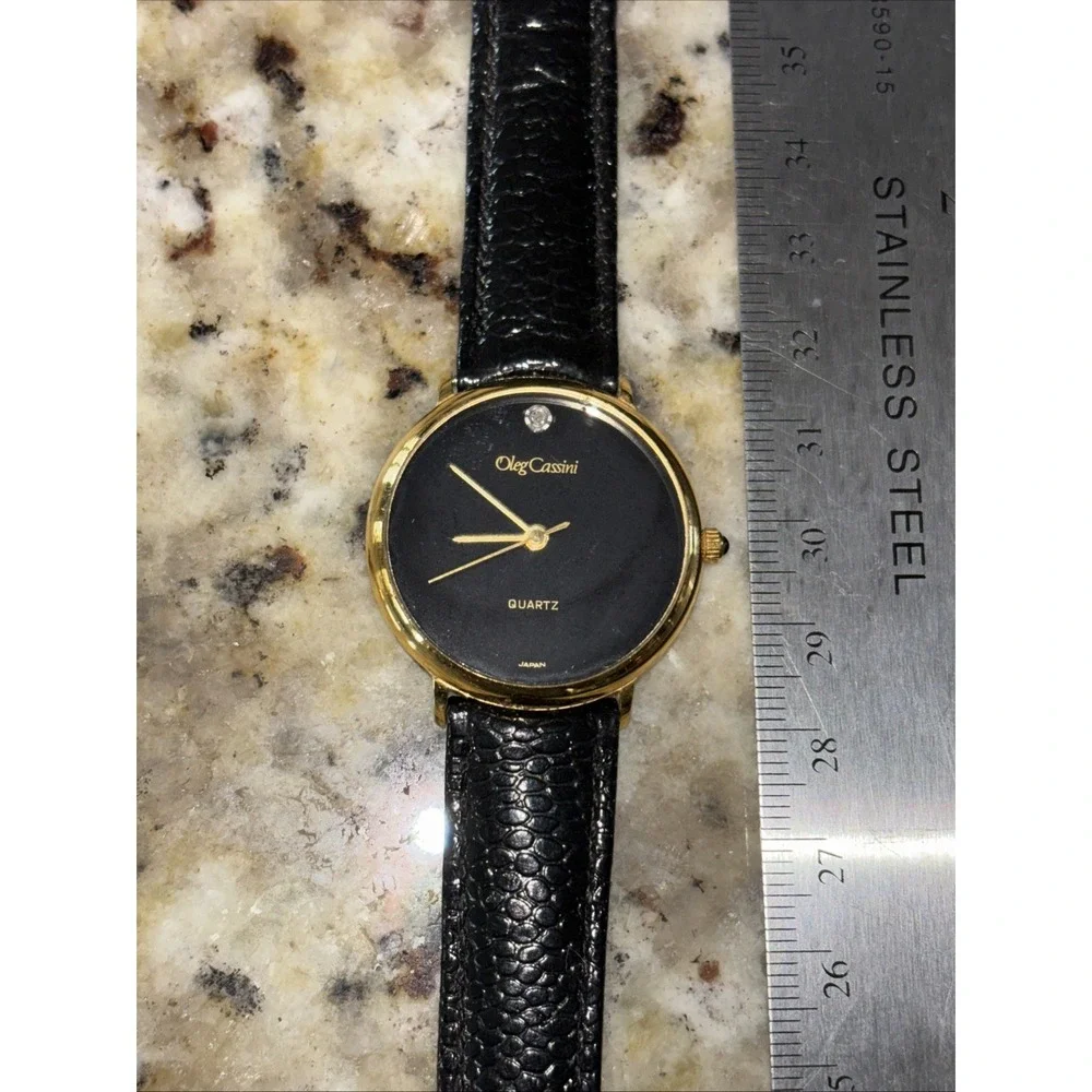 Vtg Oleg Cassini Watch Men's 32mm Gold Tone Black Dial‎ Leather Quartz NWOB 3688